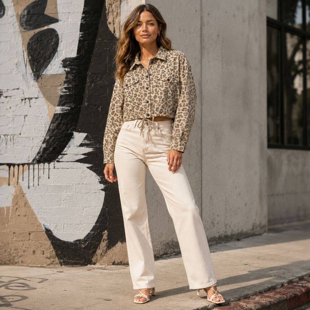 ANTHROPOLOGIE BLANKNYC New Women's SMALL Crop Shirt Jacket Linen Blend Leopard